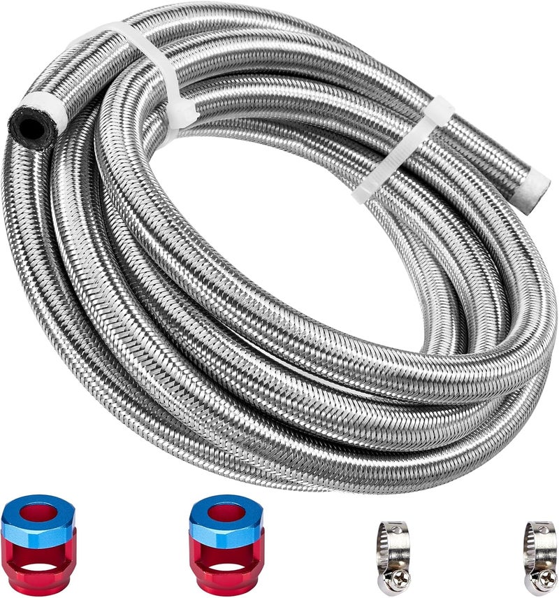 CarBole 10FT Stainless Steel Braided Fuel Line, 5/16" I.D. Diesel Hose Swap EFI PTFE with Fittings for Automotive Fuels Lubricants Coolants - Image 1